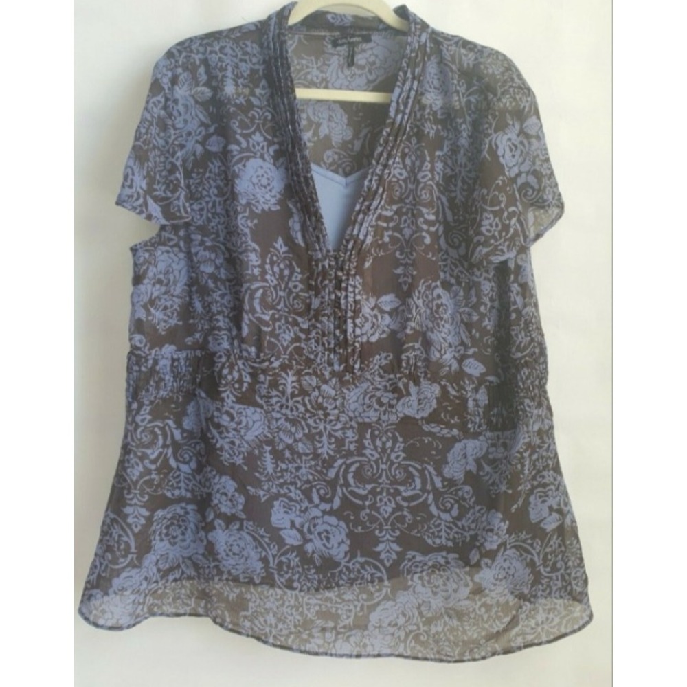 Daisy Fuentes Woman 2X Mist‎ Blue Brown Floral Sheer Blouse Camisole Set 2pc Top